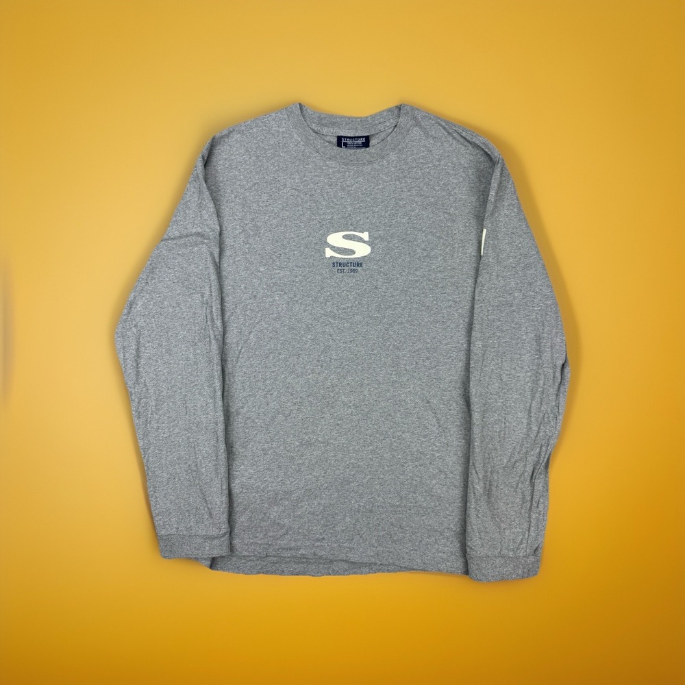 Structure USA Long Sleeve Shirt Crest Graphic VTG 90s Gray Tee Men's Large‎ Boxy
